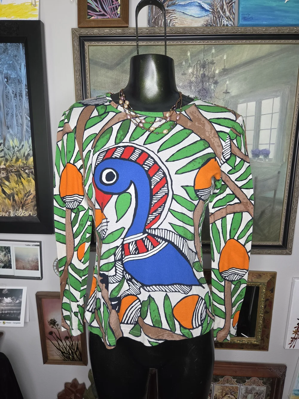 Tory Burch Multicolor Art Bird Mushroom Vibrant Graphic Long Sleeve Size Small